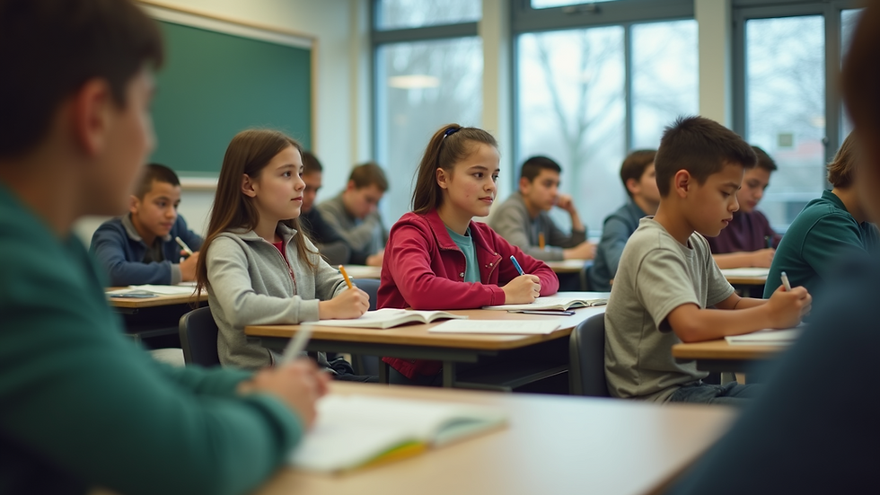 Eye-level view of a classroom filled with eager students learning together