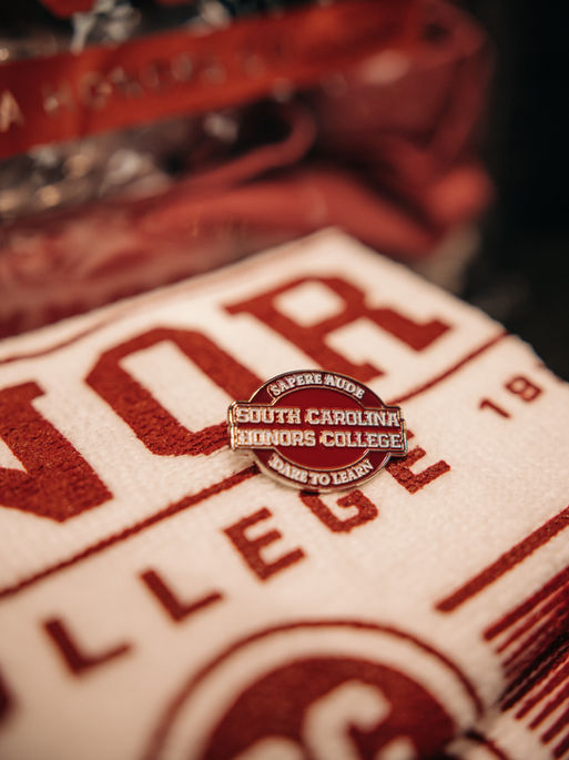 Enamel pin that reads, "Sapere aude, dare to learn, South Carolina Honors College."