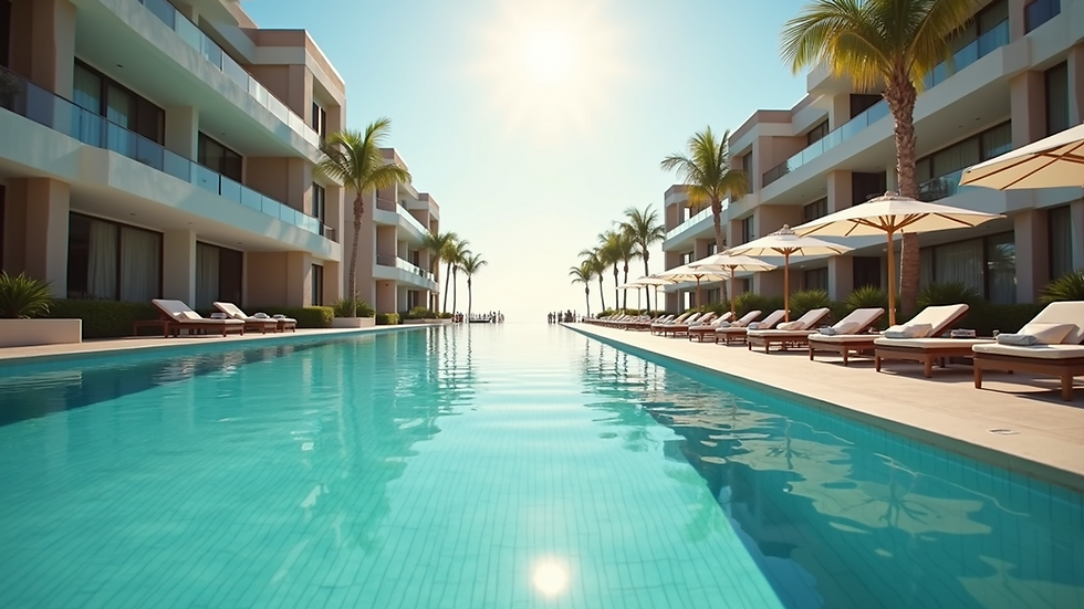 Wide angle view of a luxury hotel swimming pool with sun loungers
