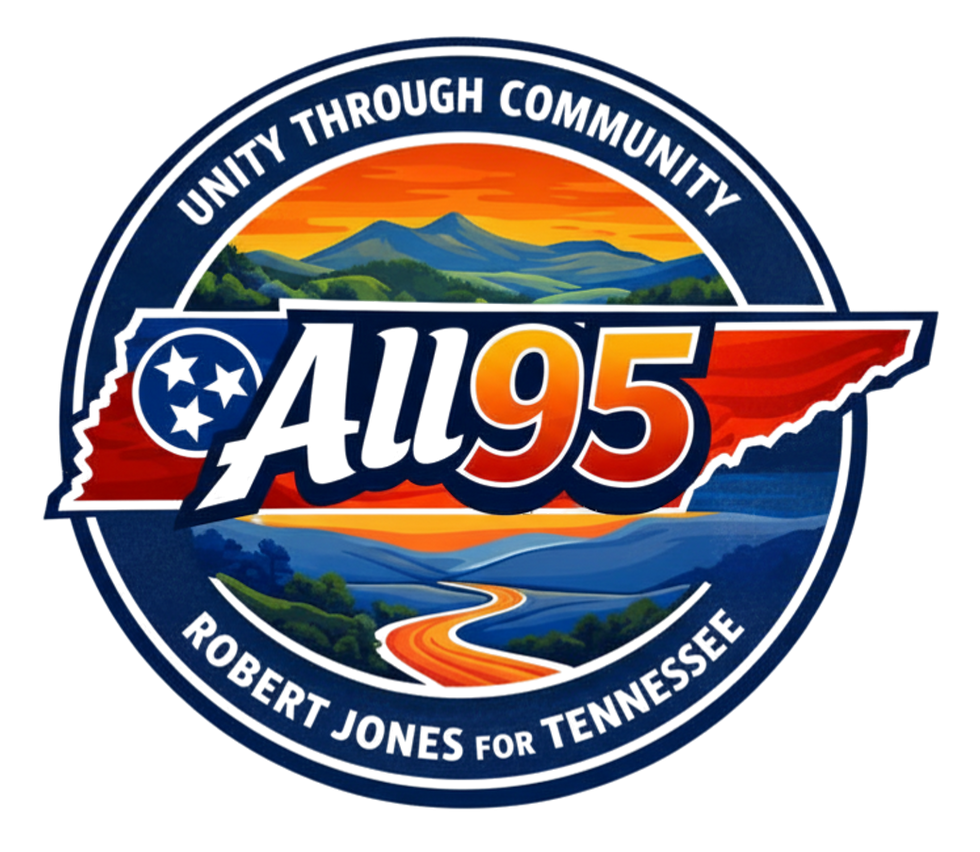 ALL95 logo depicting the words "Unity Through Community" and "Robert Jones for Tennessee" in the outer, dark blue circle. Inside the inner circle is an animated picture of a mountain landscape with an orange, yellow sunset along with an orange river and green and blue trees.
