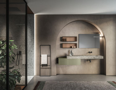 Luxury Italian bathroom vanity with stone basin in arched nook