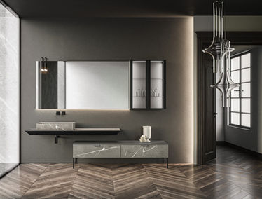 Contemporary vanity with integrated storage and matte finishes