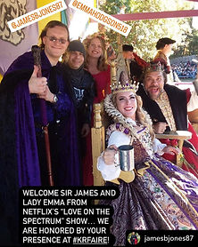 "Love on the Spectrum" James Jones with cast of King Richard's Faire on the dias.