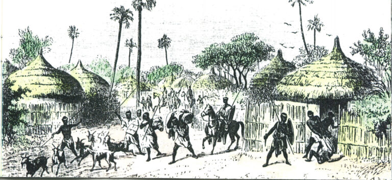 Atlantic slave trade Slave trade transatlantic history slavery african coastal states african slave trade, A raid at Barea (Mosgou), drawing by Rouargue