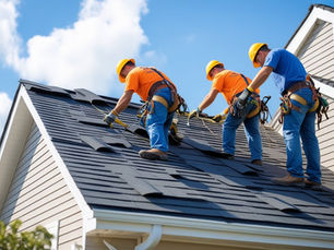Roofer installing shingles on residential home with clear blue sky