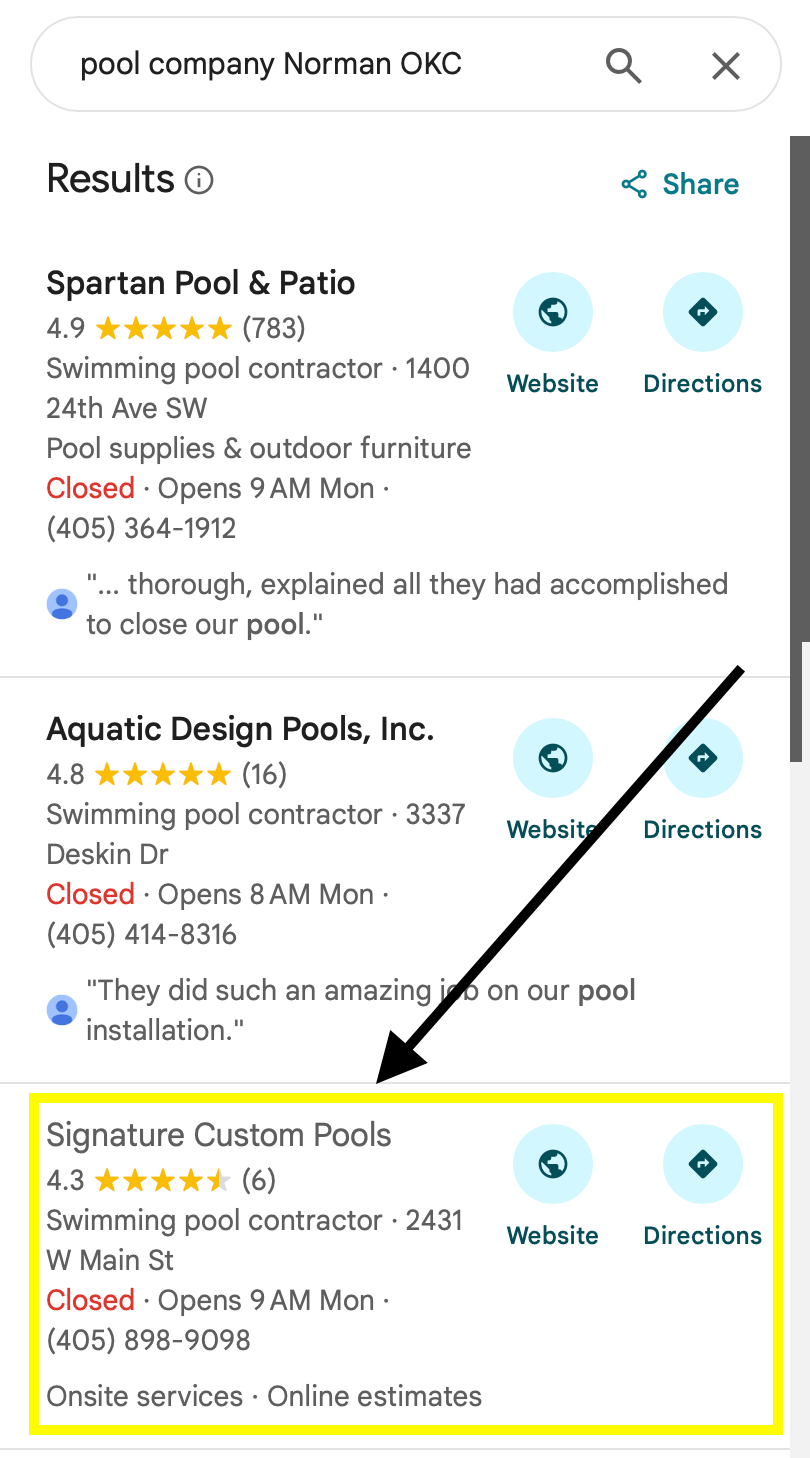 Results showing Service company website appearing at the top of Google search results for local pool contractor near me