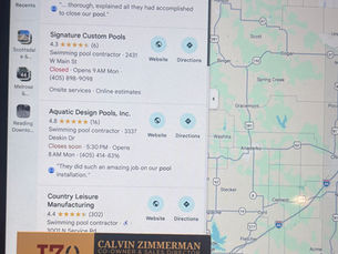 Google Maps search results for a pool company in Norman, OK showing local pool contractors in the map pack
