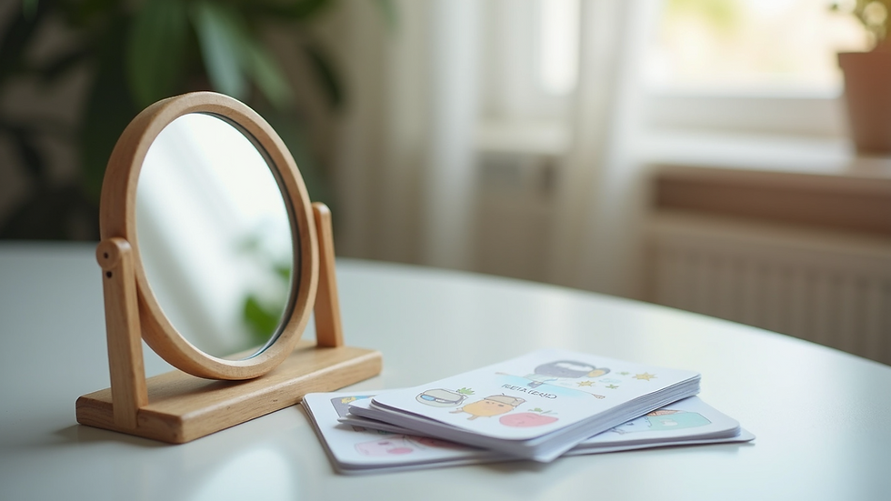 Close-up view of speech therapy materials including flashcards and a mirror