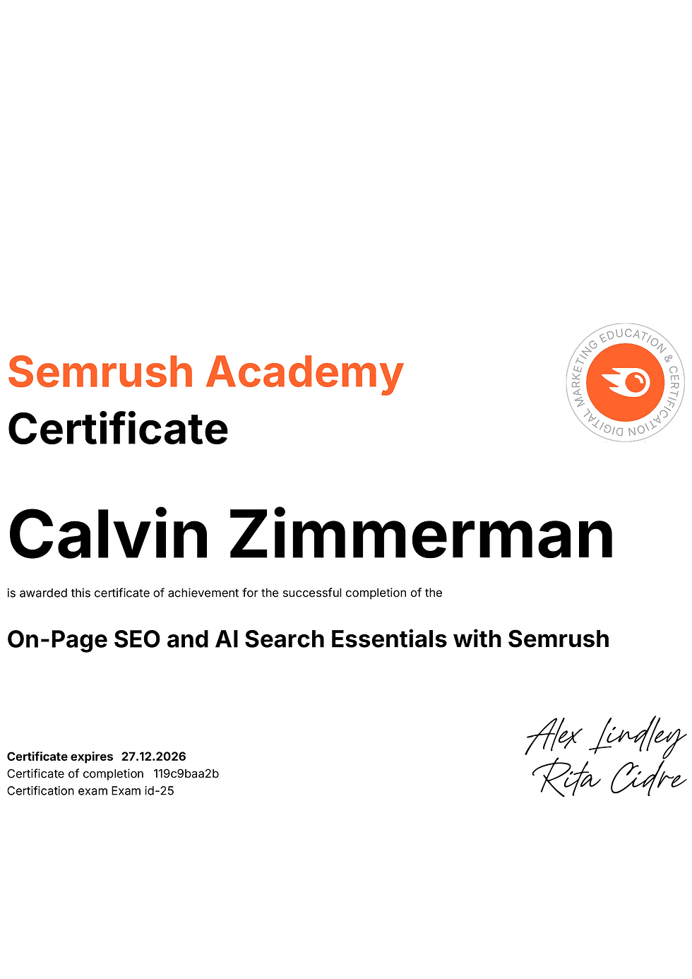 Semrush Academy certification for Calvin Zimmerman in On-Page SEO and AI Search Essentials, awarded December 2025