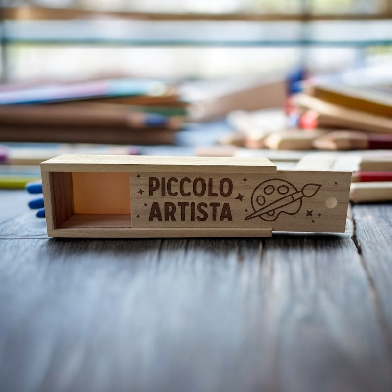 Scatola per matite in legno "Piccolo artista" con tavolozza