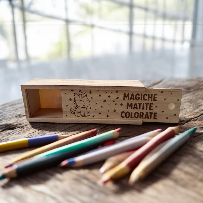 Scatola per matite in legno "Magiche matite colorate" con unicorno