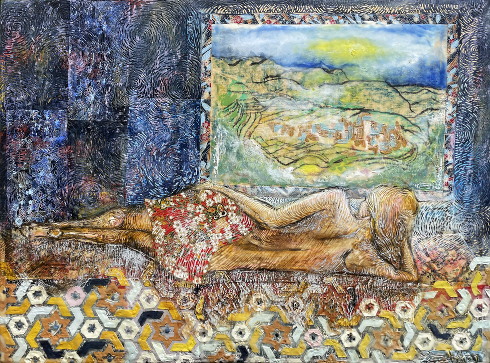 a painting of a woman laying on a bed looking out of a window
