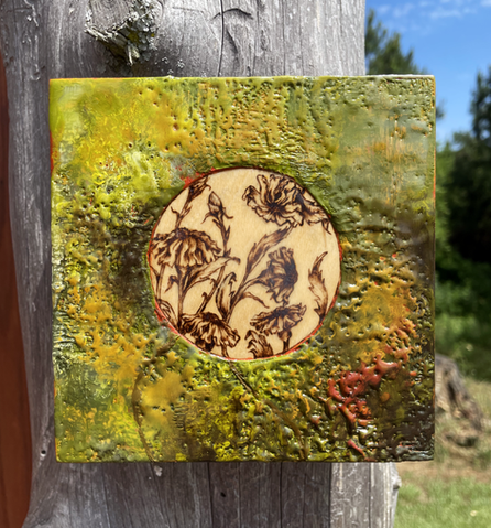 a painting of flowers on a green and yellow background