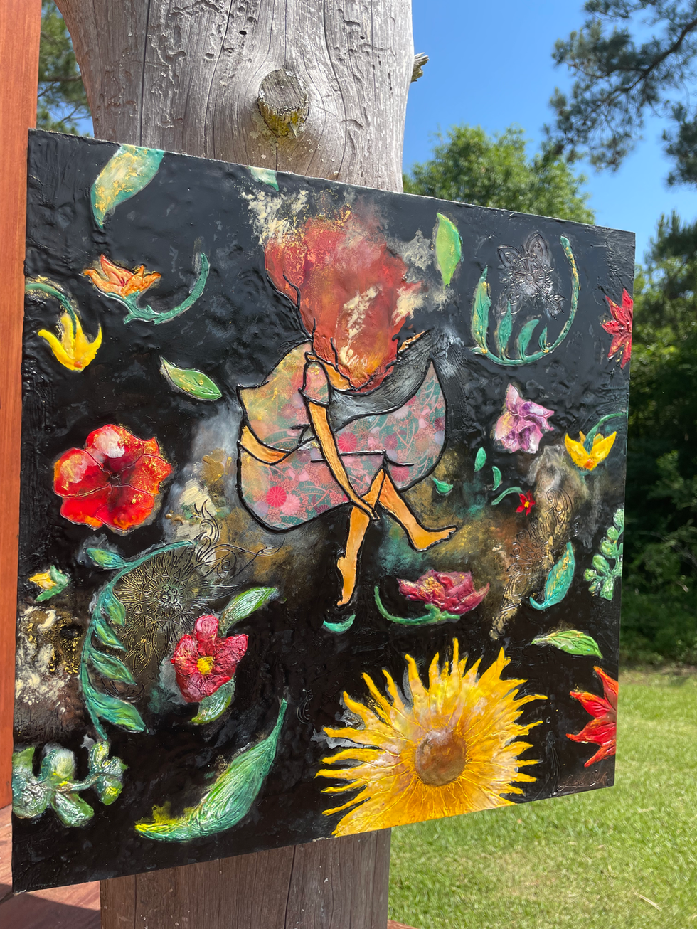 a painting of a woman surrounded by flowers and leaves
