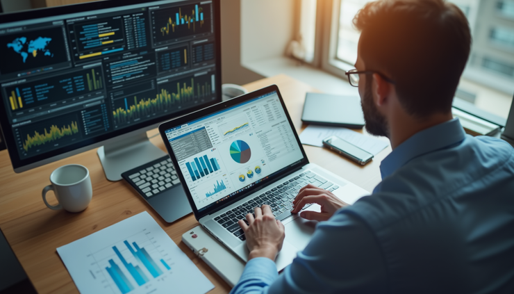 High angle view of a business owner reviewing performance charts on a laptop