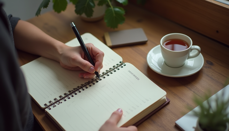 High angle view of a person writing in a journal with a cup of tea nearby