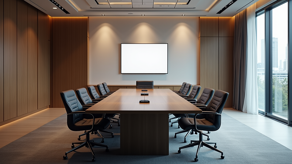 High angle view of a corporate boardroom prepared for an executive meeting