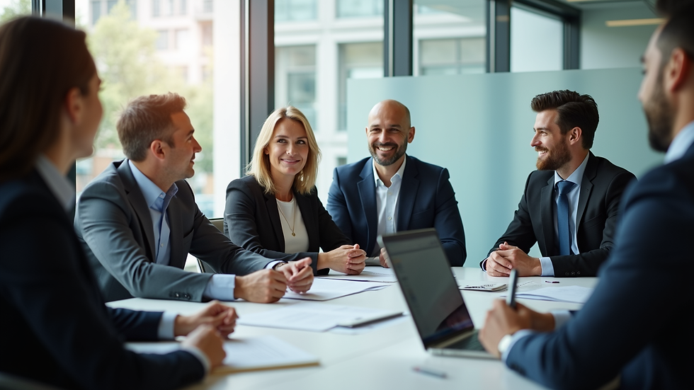 Close-up view of a meeting room with executives discussing candidate profiles