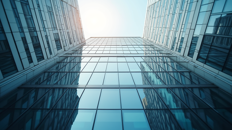 Eye-level view of a modern office building representing corporate leadership