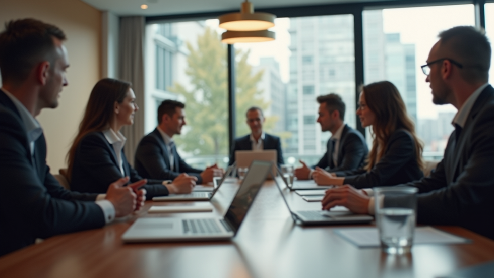 Close-up view of a conference room with diverse executives in a meeting