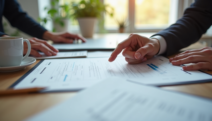 Close-up view of a renovation expert showing a detailed contract to a homeowner