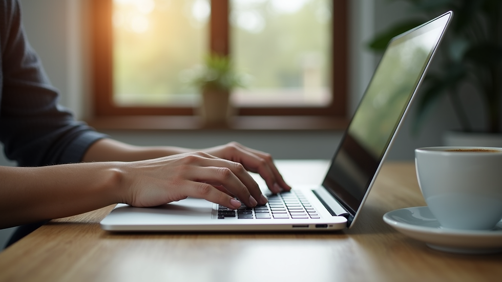 Close-up view of a person typing on a laptop with a coffee cup nearby