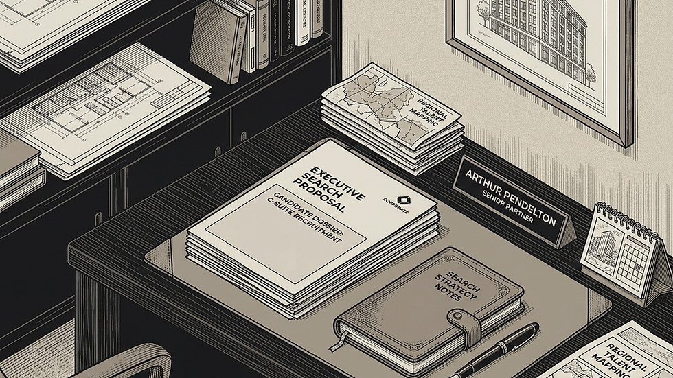 Eye-level view of a professional office desk with executive search documents
