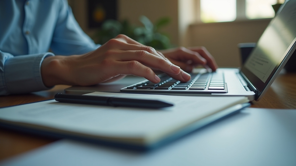Close-up view of a professional reviewing candidate profiles on a laptop