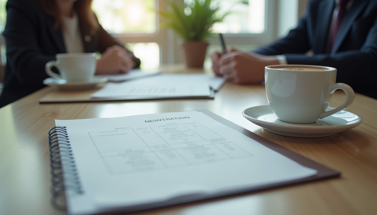 High angle view of a negotiation meeting with documents and coffee cups on the table