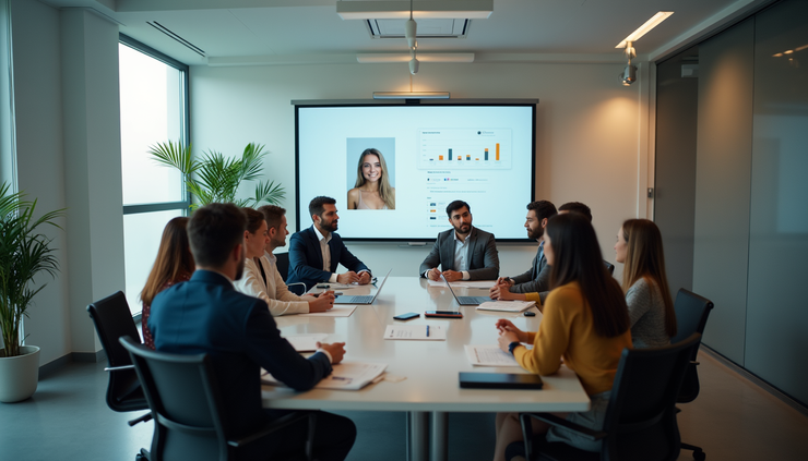 High angle view of a conference room with a small team discussing candidate profiles