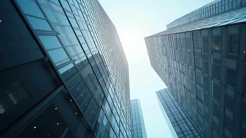 Eye-level view of a modern office building representing corporate leadership