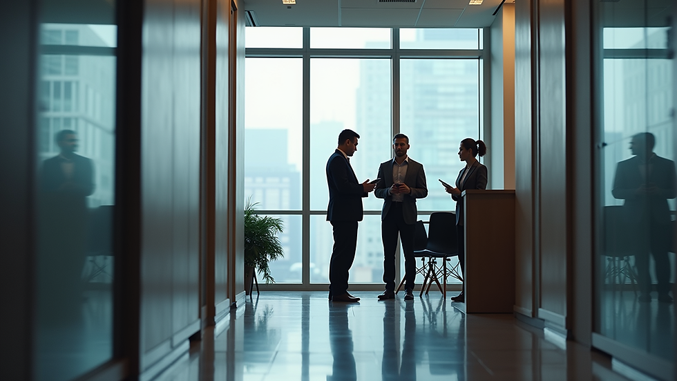 Eye-level view of a modern office with executives discussing strategy