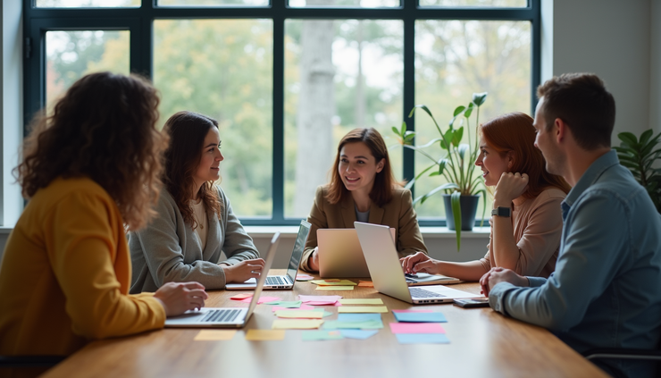 Eye-level view of a diverse team brainstorming around a table with colorful notes