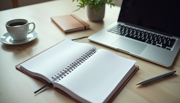 High angle view of a workspace with a planner, coffee cup, and laptop