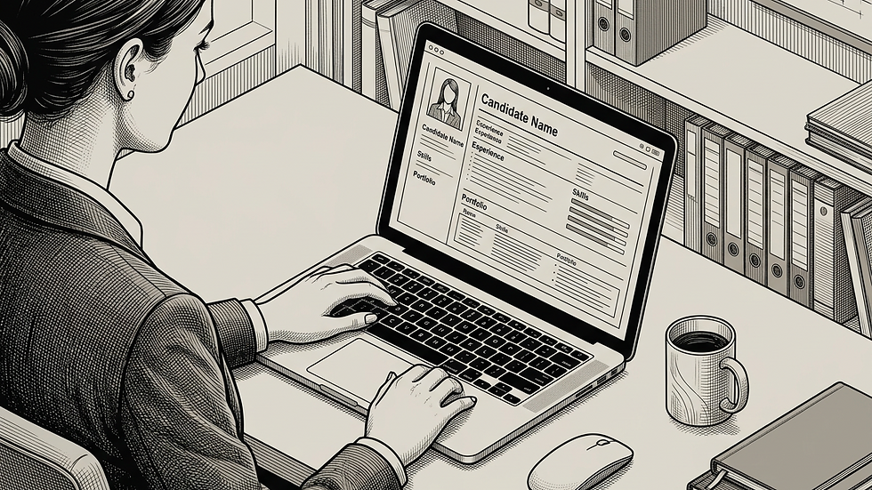 Close-up view of a business professional reviewing candidate profiles on a laptop