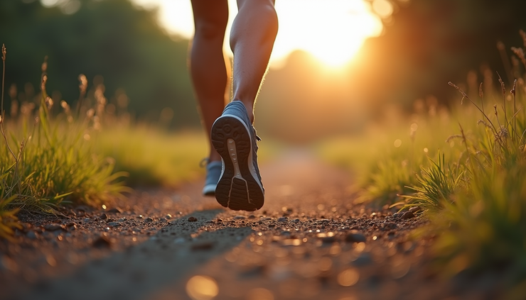 Eye-level view of a runner's feet striking a trail path