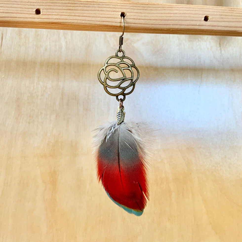 parrot feather earring with rose charm at metaphysical crystal shop