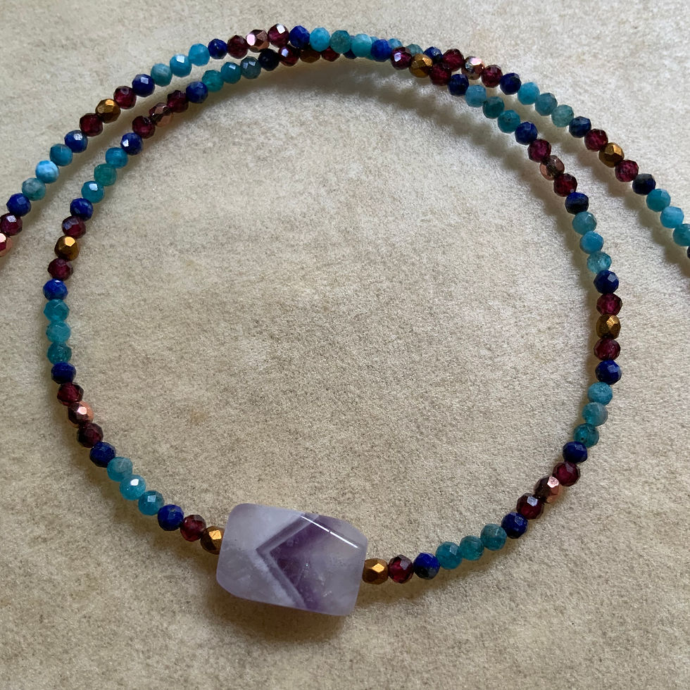 Gemstone beaded necklace with chevron amethyst garnet lapis apatite by Sah at Metaphysical crystal shop Canada