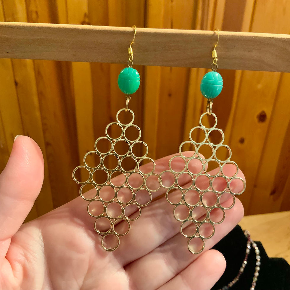 Chrysoprase scarab geometric circles earrings by Sah at blue apples metaphysical crystal shop