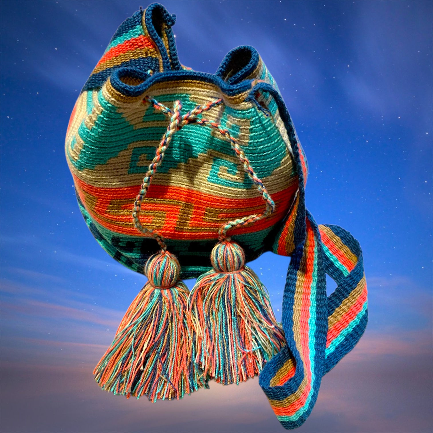 Mochila bag indigenous made by Wayuu of northern Colombia at metaphysical crystal shop