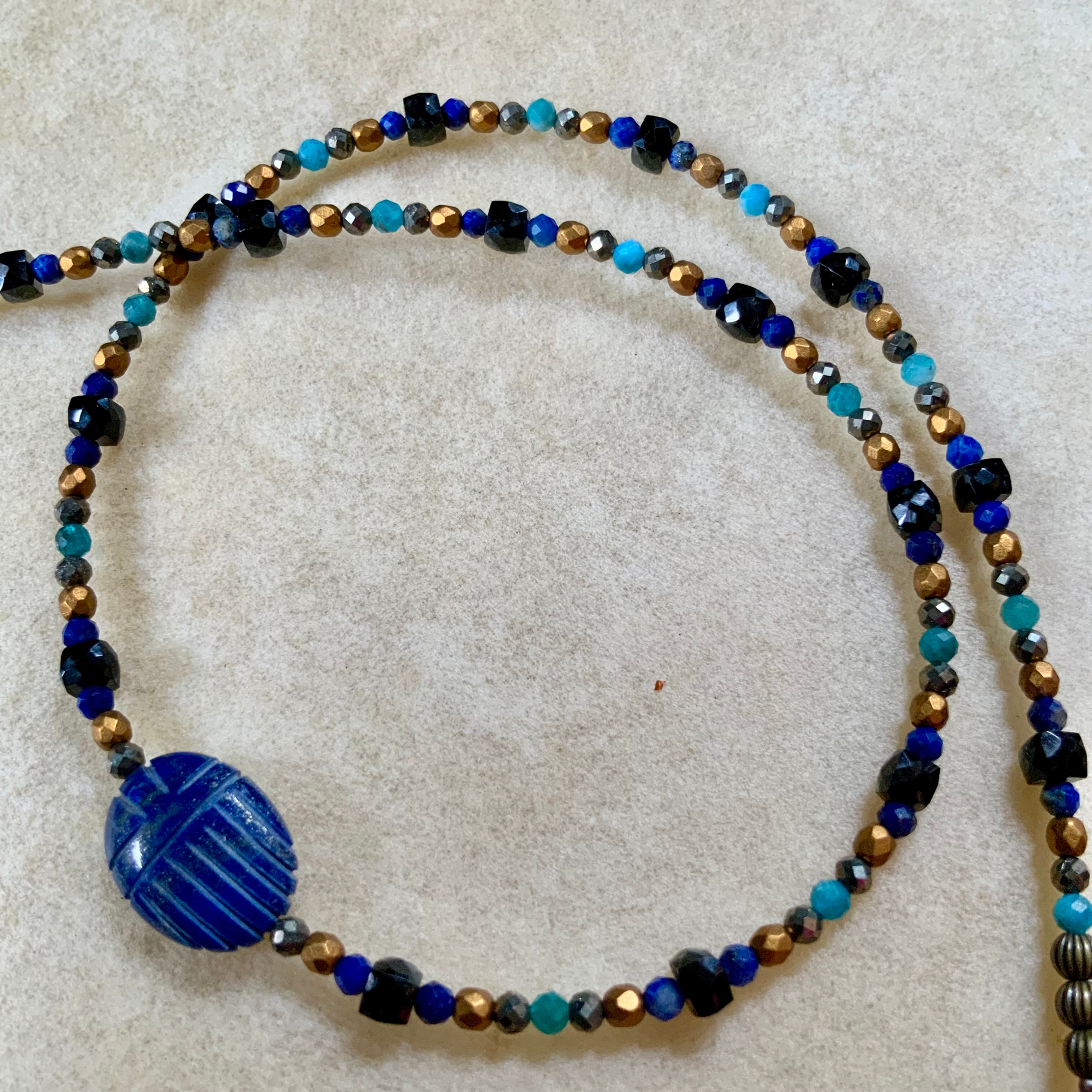 Gemstone beaded necklace with lapis scarab Egyptian vibes pyrite apatite spinel by Sah at Metaphysical crystal shop Canada