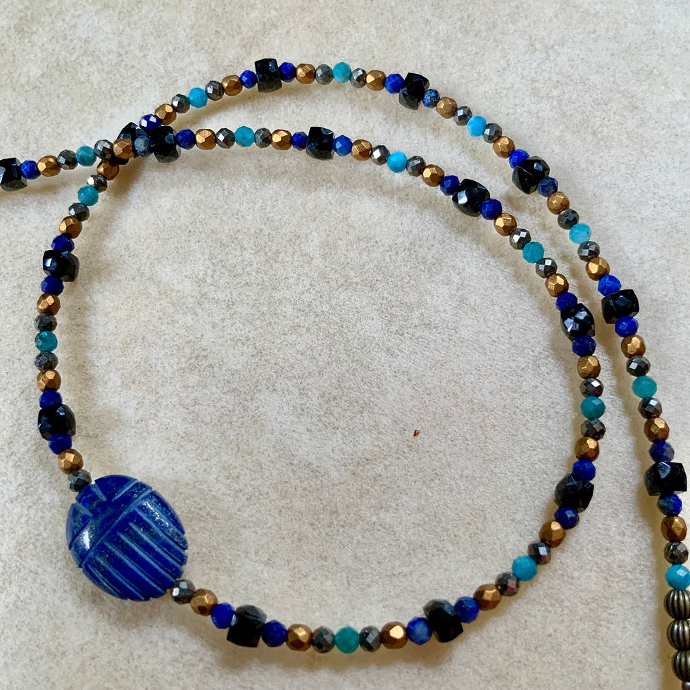 Gemstone beaded necklace with lapis scarab Egyptian vibes pyrite apatite spinel by Sah at Metaphysical crystal shop Canada