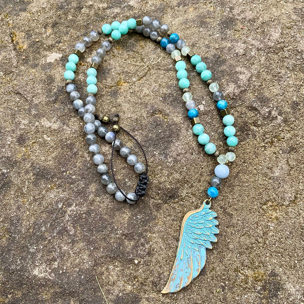 Gemstone beaded necklace with angel/bird wing pendant, labradorite, amazonite by Sah at Metaphysical crystal shop Canada