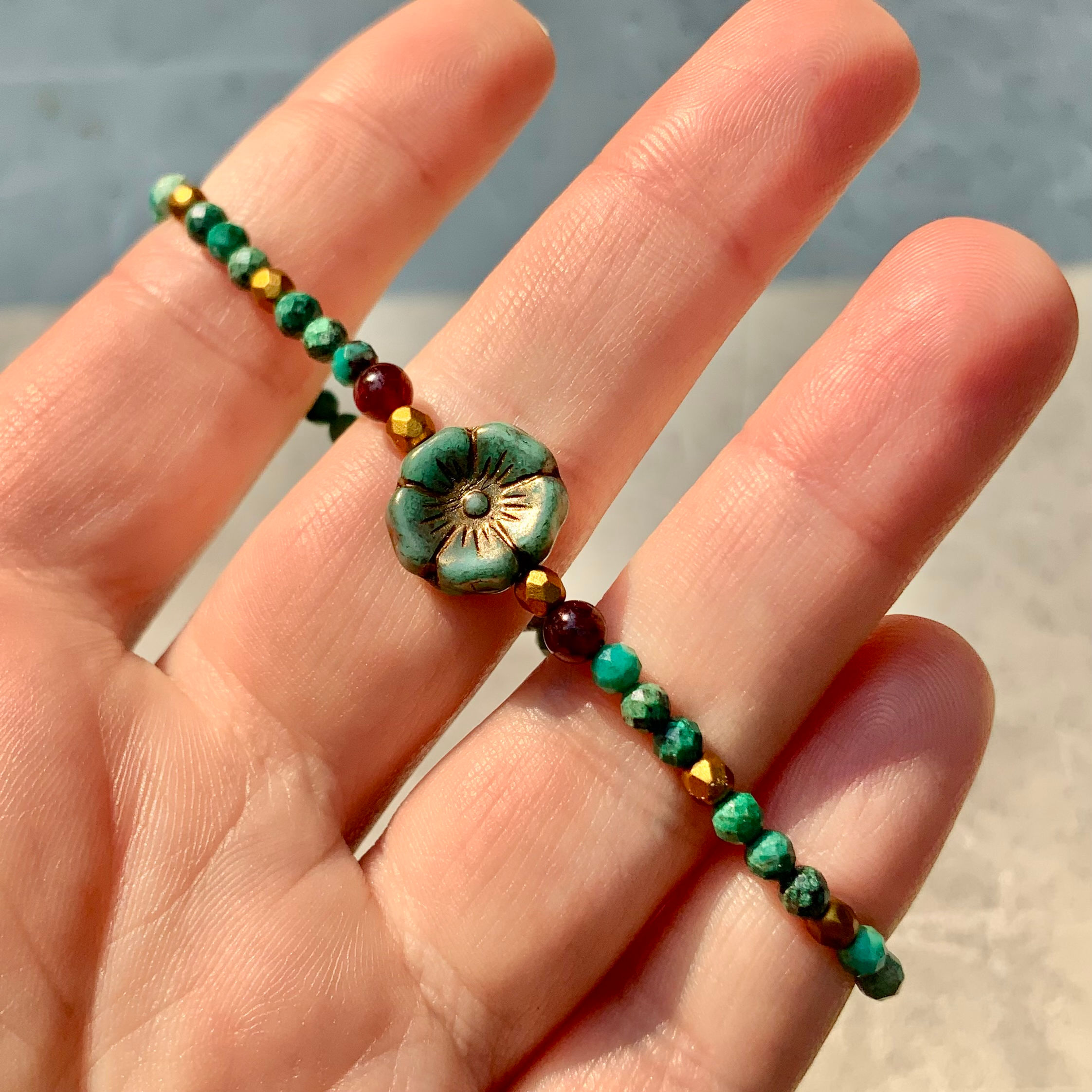 Chrysocolla and garnet Gemstone adjustable bracelet by Sah at Blue Apples metaphysical crystal shop