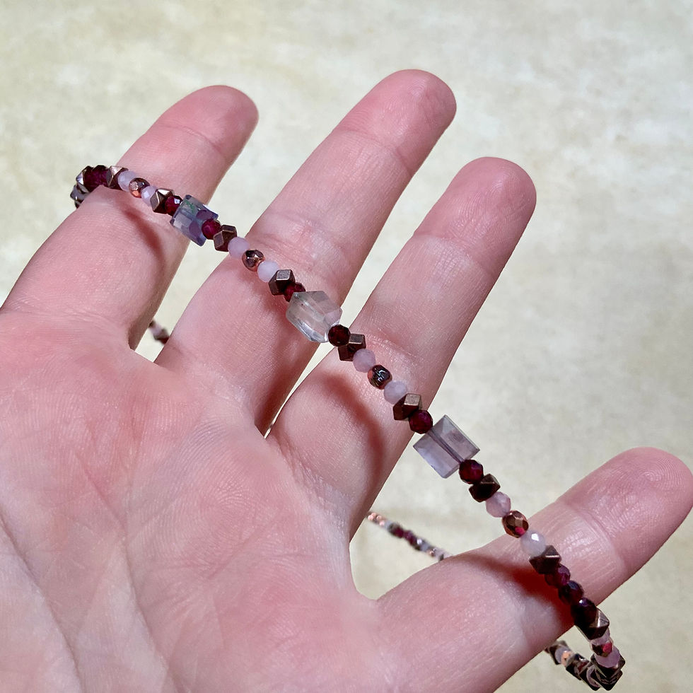 Thumbnail: Gemstone beaded necklace with rose Quartz garnet and fluorite by Sah at Metaphysical crystal shop Canada
