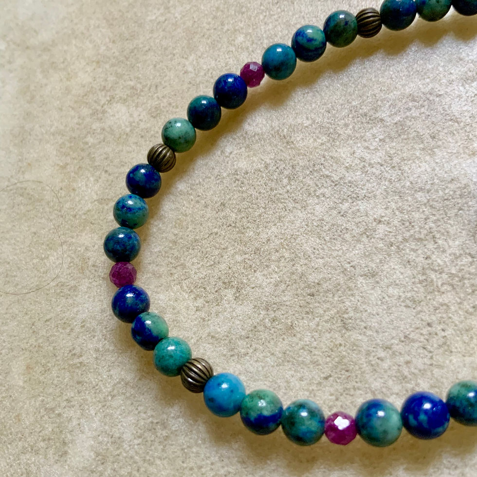 Thumbnail: Gemstone adjustable bracelet Azurite with malachite and ruby by Sah at Blue Apples metaphysical crystal shop