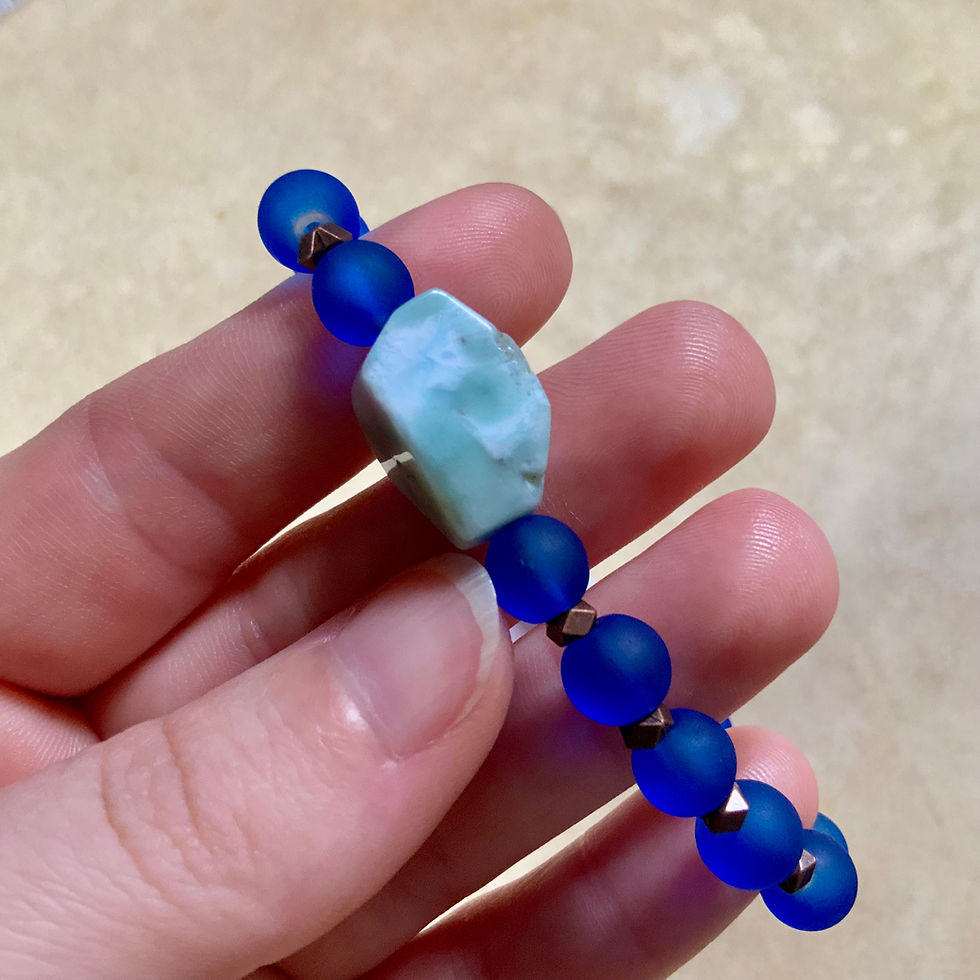Thumbnail: Cobalt blue Glass and Larimar bead adjustable bracelet by Sah at Blue Apples metaphysical crystal shop