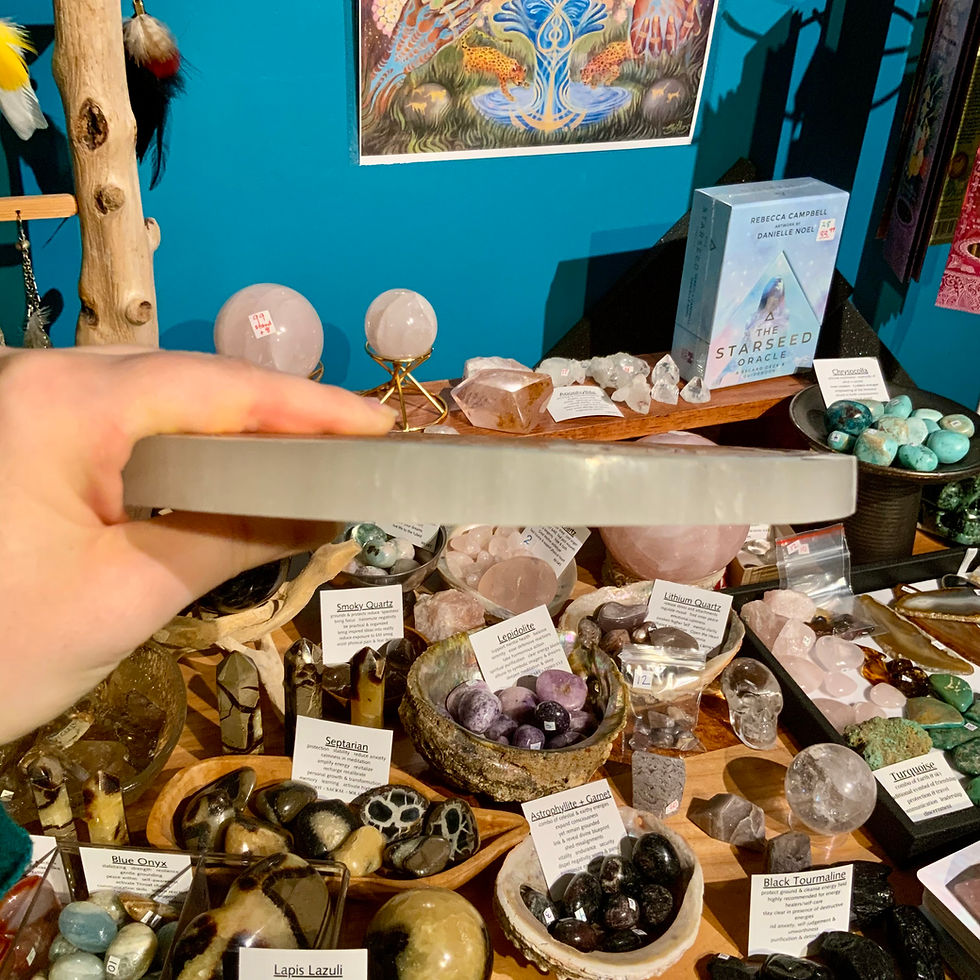 Thumbnail: Large selenite charging plate with Flower of Life at metaphysical crystal shop Canada