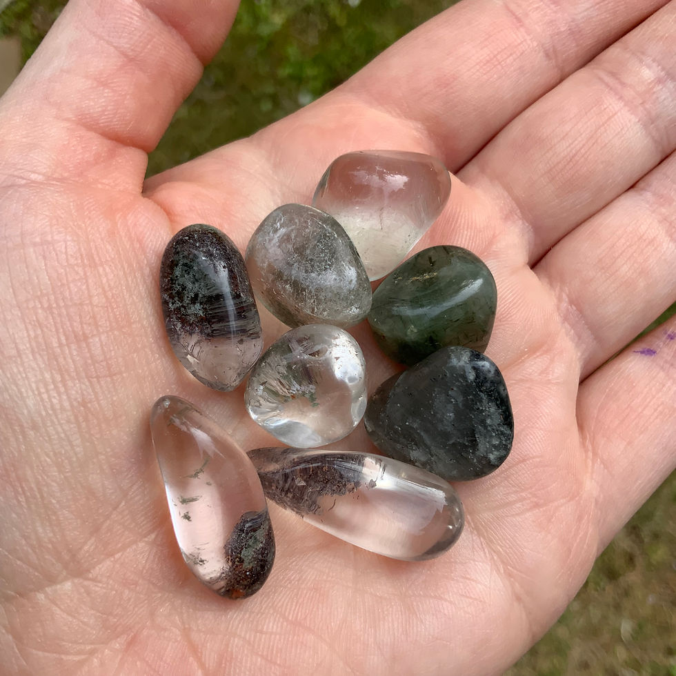 Tumbled chlorite in quartz crystals at metaphysical crystal shop canada