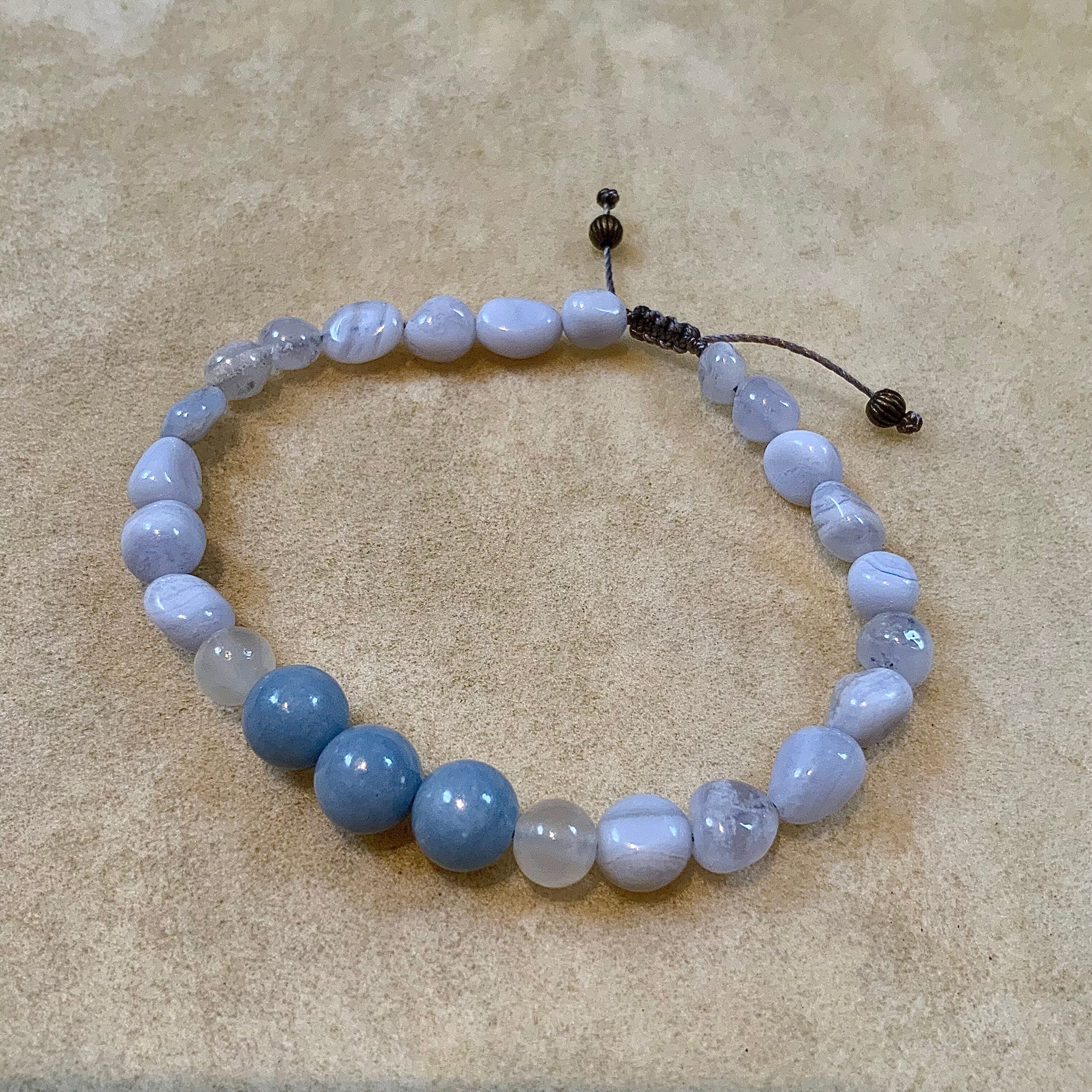 Gemstone adjustable bracelet Angelite Blue lace agate by Sah at Blue Apples metaphysical crystal shop